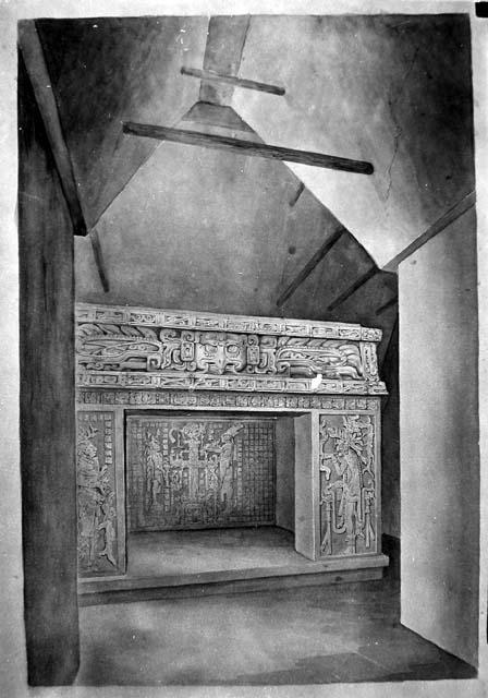 Restoration drawing - Tatiana Proskouriakoff- Palenque, Temple of the Cross.