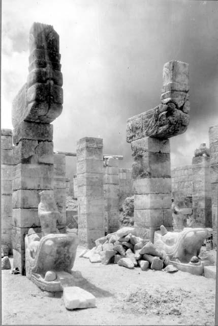 Temple of Warriors- Pair of Feathered Serpent Columns - main stairway.