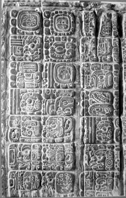 Glyphs on left side of Lintel 3, Temple 4.