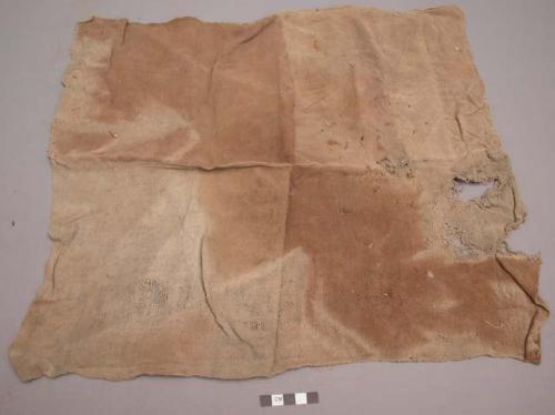 Organic, woven fiber, textile fragment, plainweave, very soiled, stained, torn