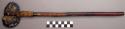 Ax, ground stone, grooved, wood stick handle wrapped with leather cord at top