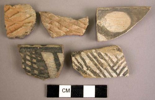 Ceramic rim and body sherds, painted, corrugated, burnished, fire clouded, worn