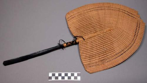 Plaited fan with wooden handle and human hair