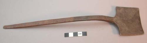 Hoe, small square blade, curved iron handle, tapered at end