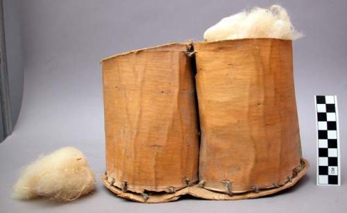 Wool basket with wool and spindle