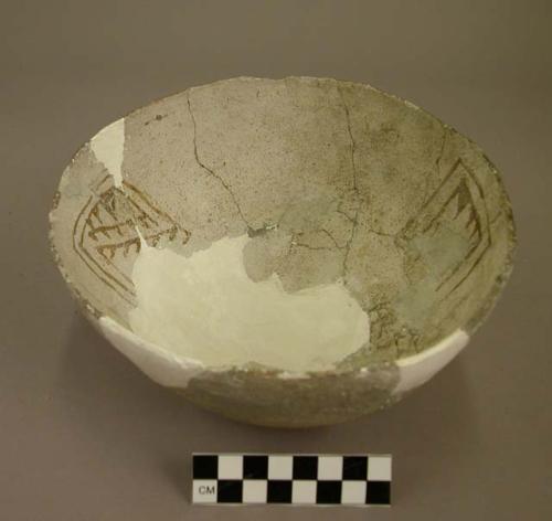 Bowl, greyware with brown square linear designs