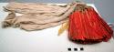 Organic, woven fiber headdress, twisted fibers with orange feathers attached