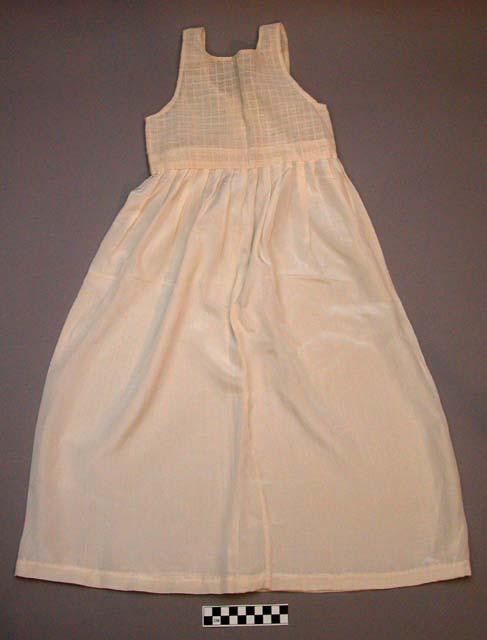 Skirt, patterned pink silk with cream waistband and ties