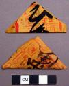 Print, black characters on yellow, red stamp, folded triangle protection charms