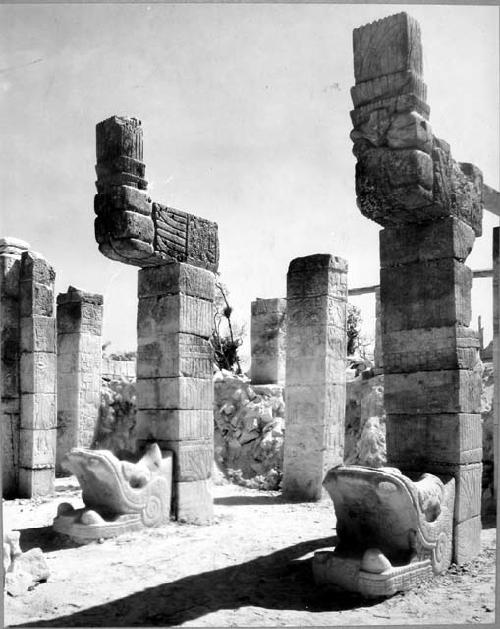 Temple of Warriors - front showing pair of serpent columns restored to original