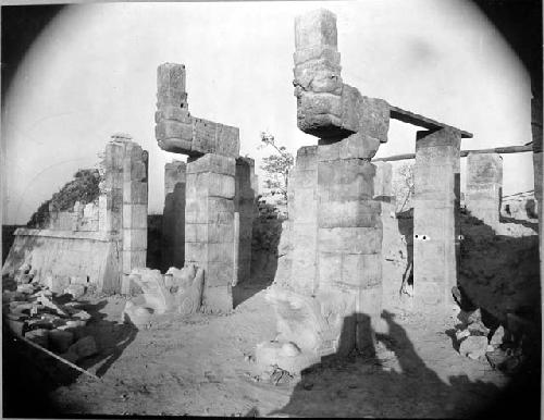 Temple of Warriors- showing serpent columns restored to original position from f