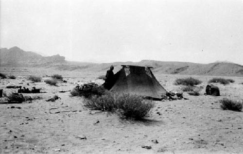 Person standing by tent in desert