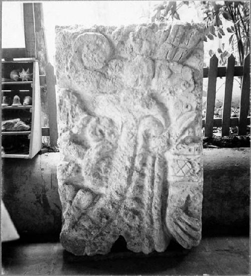 Sculptured stone in restaurant.