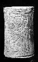 Ceramic vase, cylindrical, incised, anthropomorphic?