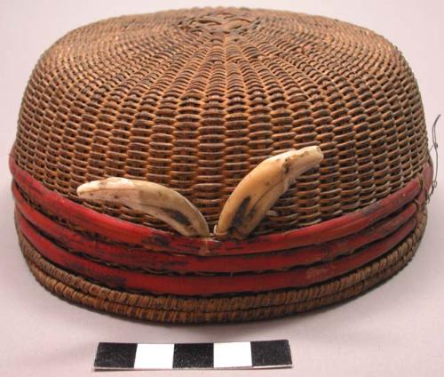 Basketry skull cap - 3 horizontal bands of red to which is attached +