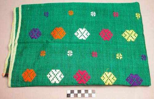 Large piece of textile - dark green with colored brocaded designs