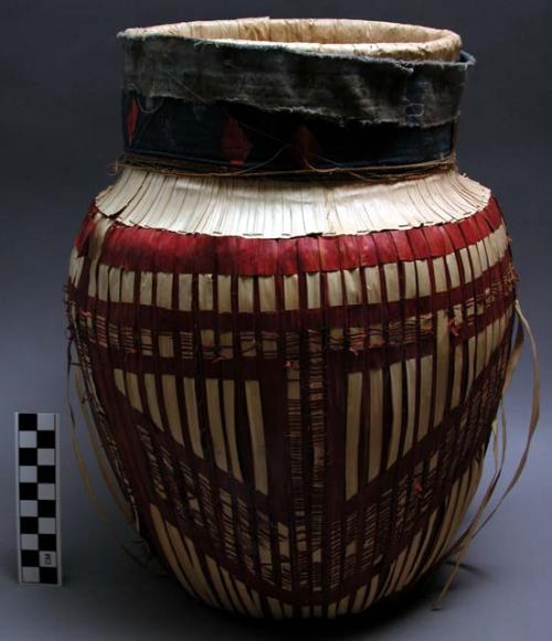 Upi hat - pandanus leaves on frame; covered with design