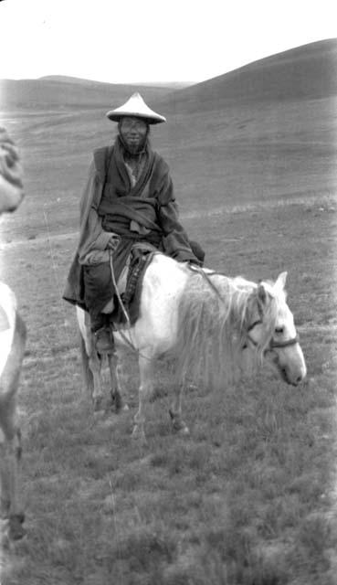 Man wearing pointed hat riding pony