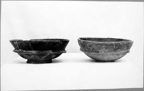 Basal-flange bowls; left black, resist decor. (see 49-1-117); rt. polychrome ext