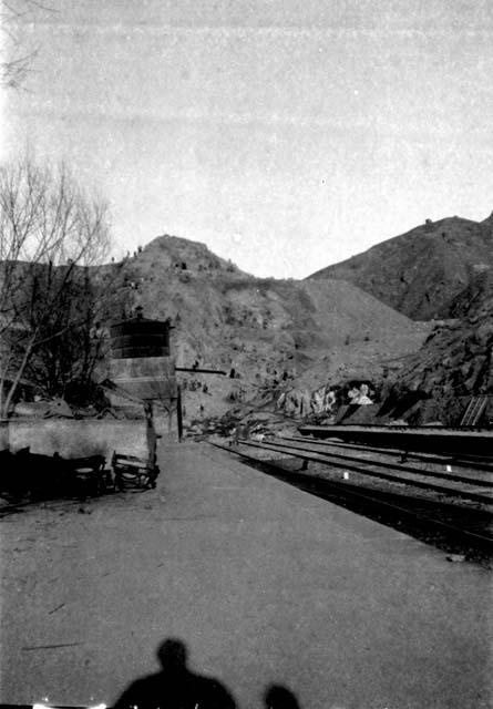 Railroad tracks, mountain background