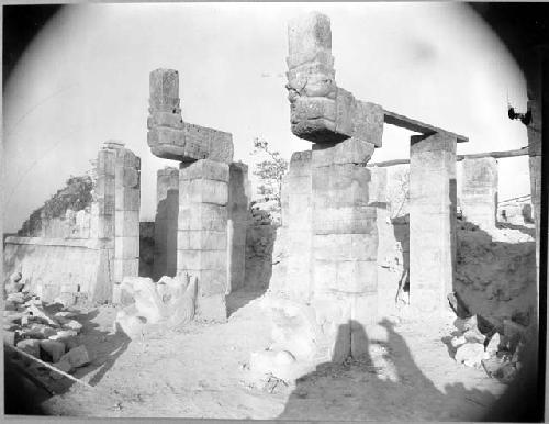 Temple of Warriors- showing serpent columns restored to original position.