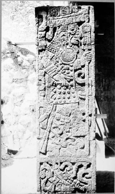 T. of Chac Mool, sculptured + painted column in sanctuary