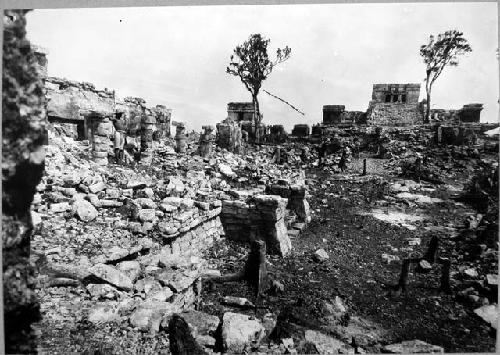 Castillo group and South facade of Temple 21 from south wing