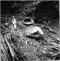 Test pit in front of temple mound. Nest of pottery, mostly coarse reddish