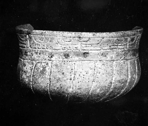 Ceramic partial bowl, incised lines and glyph band