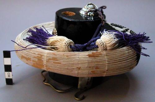 Lantern, lacquered wood, round paper accordion, metal hanger, silk tassels