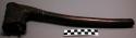 Adze handle, angled wood shaft with woven reed haft, cracked