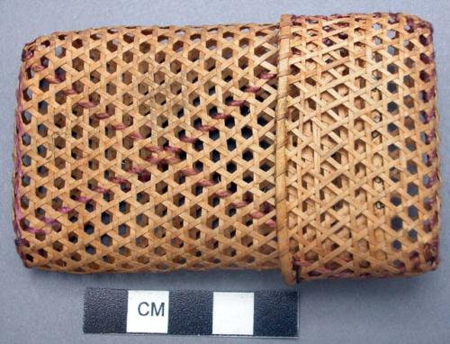 Basketry cigarette case with cover - decorated with purple thread