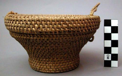 Basket, with lid, tapered pedestal base, flared sides, rim, loop closure