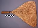 Fan, triangular blade, woven plant fiber, carved wood handle