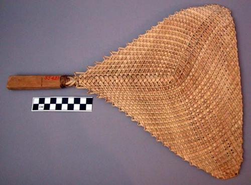 Fan, triangular blade, woven plant fiber, carved wood handle