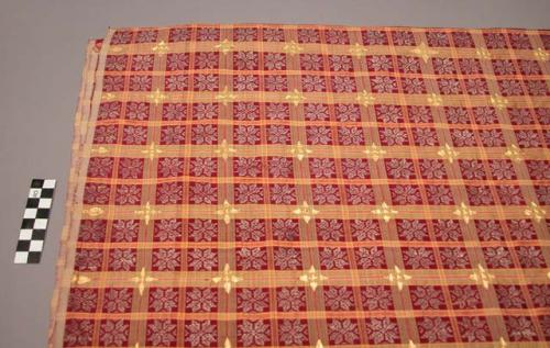 Large piece of red and purple brocaded silk textile - plaid with gold +