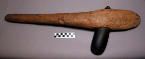 Adze (yara) - wooden handle  with black stone blade fitted into hole at wide end