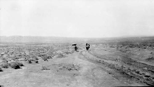 Person with umbrella walking in desert