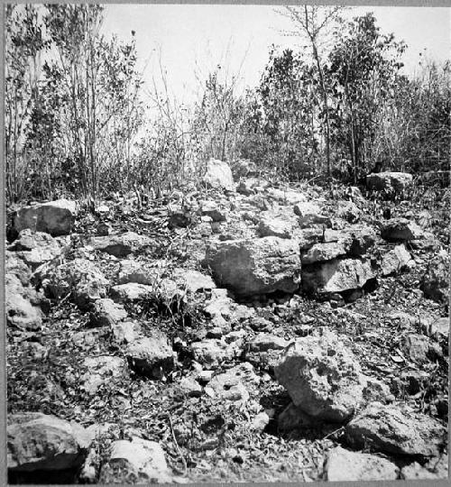 SW gate in city wall, from outside.  Large stone at center is outside E. corner