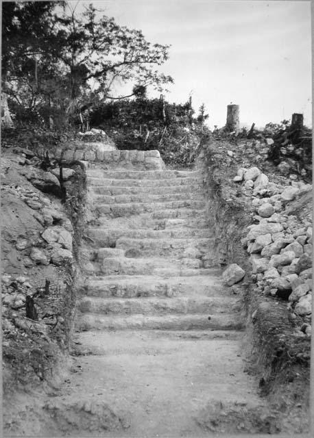 South trench ascending stairway on front of South mound.  View looking south