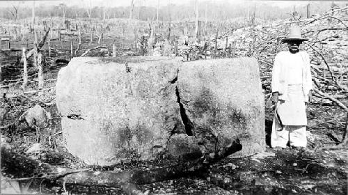 Stone quarry West of Piste. Juan Olalde, mayordomo, by side of stone.