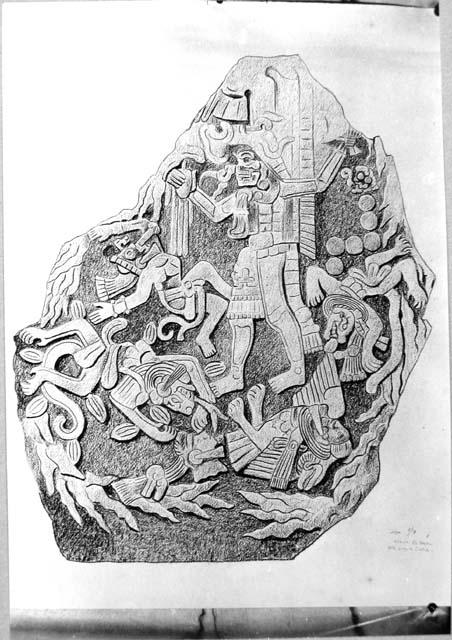 Drawing of Tejeda of great boulder with sacrificial scene in low relief