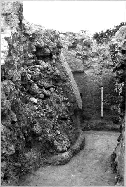 A-V: Looking East at curved inset S.W. corner of substructure