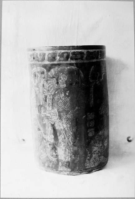 Polychrome cylindrical dated pot from burial in Vault I.  A-I