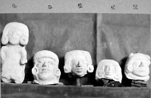 Jonuta figurine heads. Probably all whistles, a) certainly FO paste