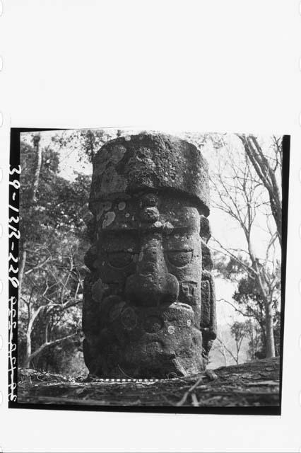 Columnar face with mouth plate, Str 25; Platform between E & W courts