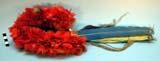 Red feathered (with blue highlight feathers) headdress? with 8? long blue + yell