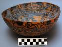 Painted gourd bowl - yellow ground with black line figures & designs sometimes f