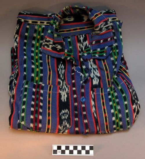 Man's shirt; purple cotton with multi-colored ikat stripes (vertical); and butto