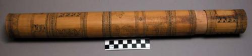 Bamboo tube & cover - incised and blackened decoration.  Originally +